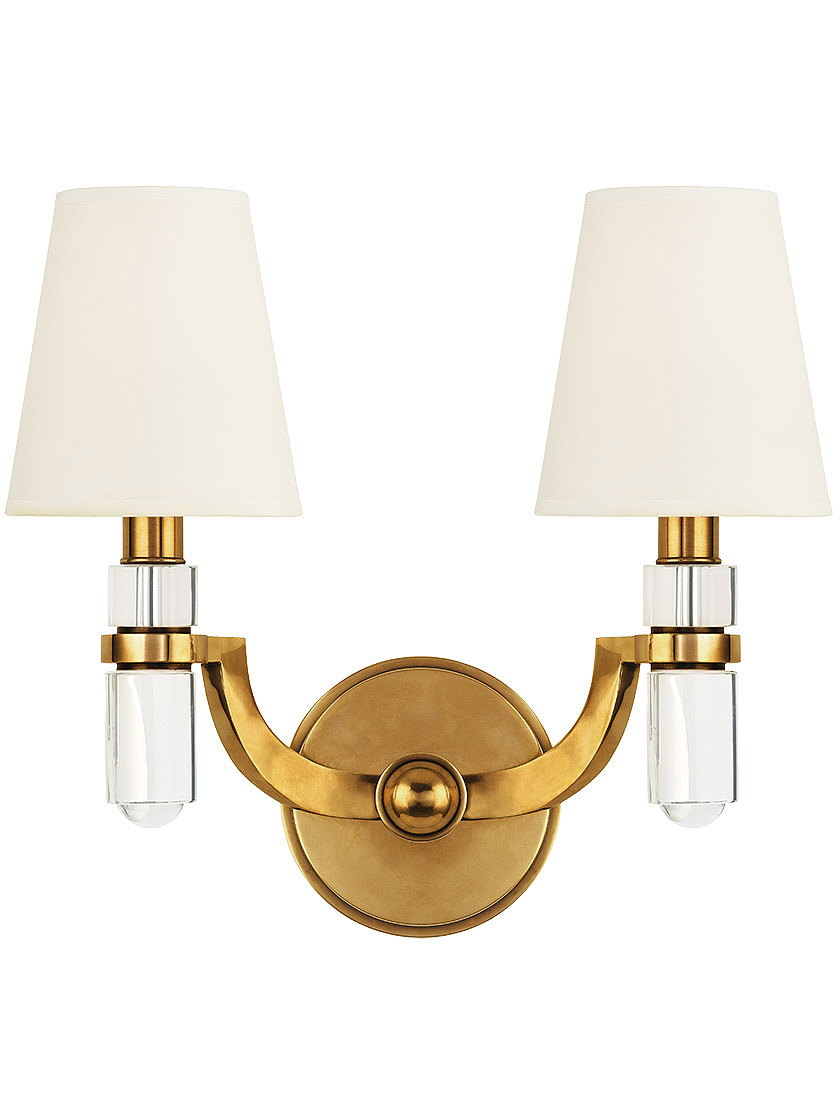Dayton 2 Light Wall Sconce With White Fabric Shade in Aged Brass.
